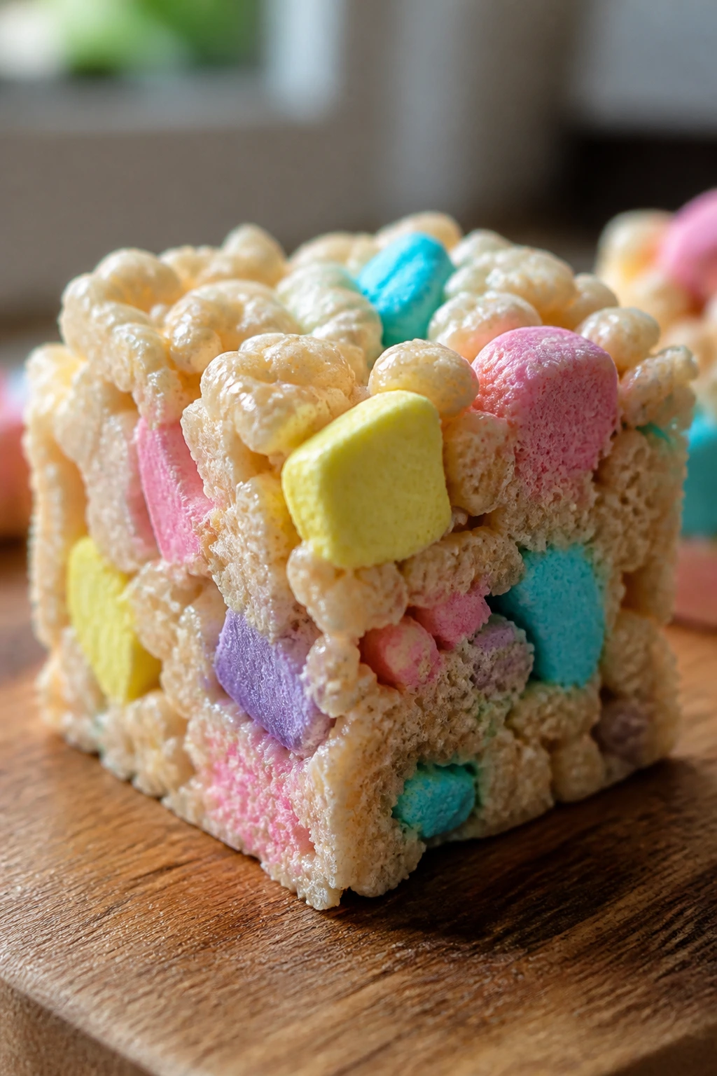 Close-up of Peeps Rice Krispie Treat Square on a wooden board
