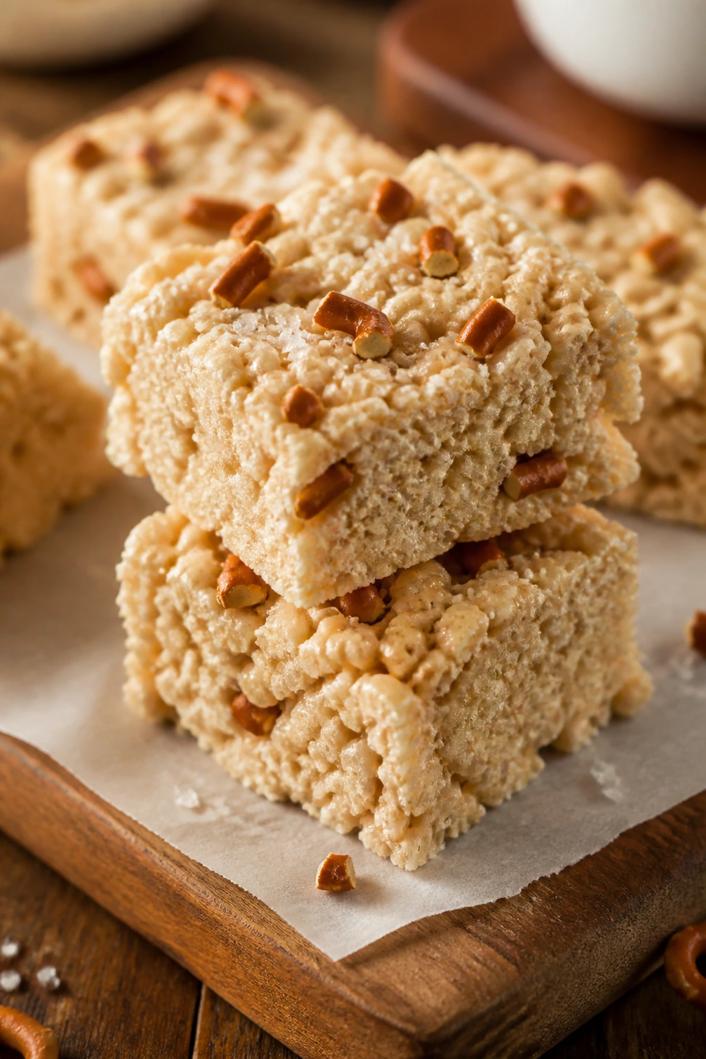 Close-up of Rice Krispie treat squares with pretzels on a wooden board