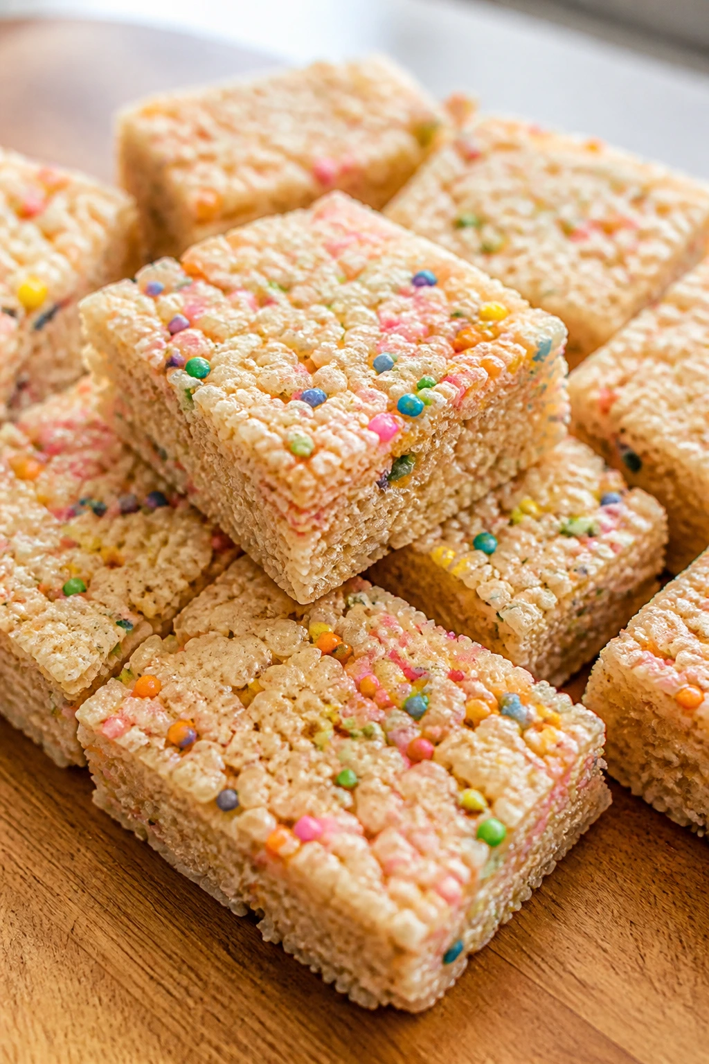 Close-up of colorful confetti Rice Krispie bars on a wooden surface