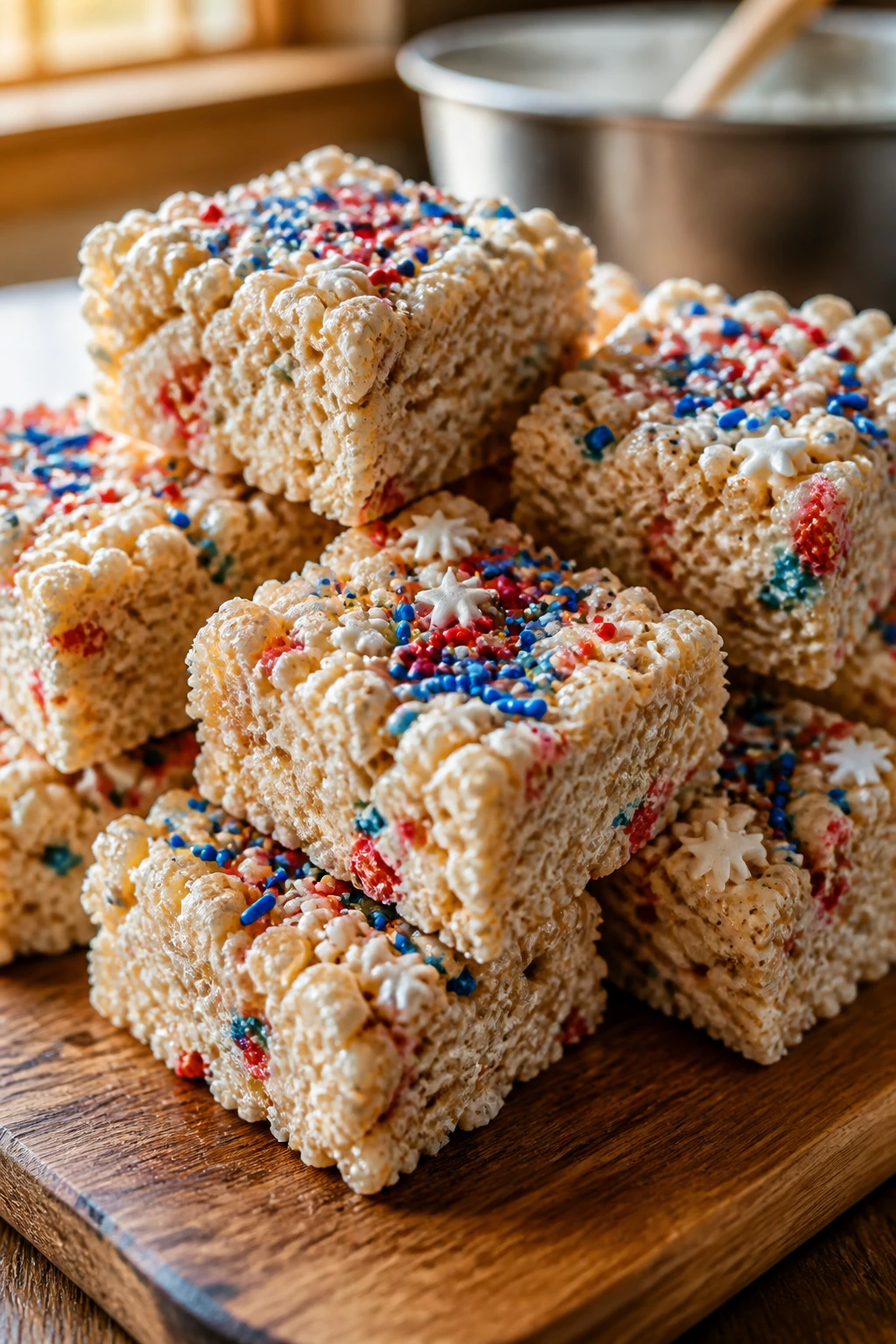 Close-up of Rice Krispies treats with patriotic sprinkles on a wooden board