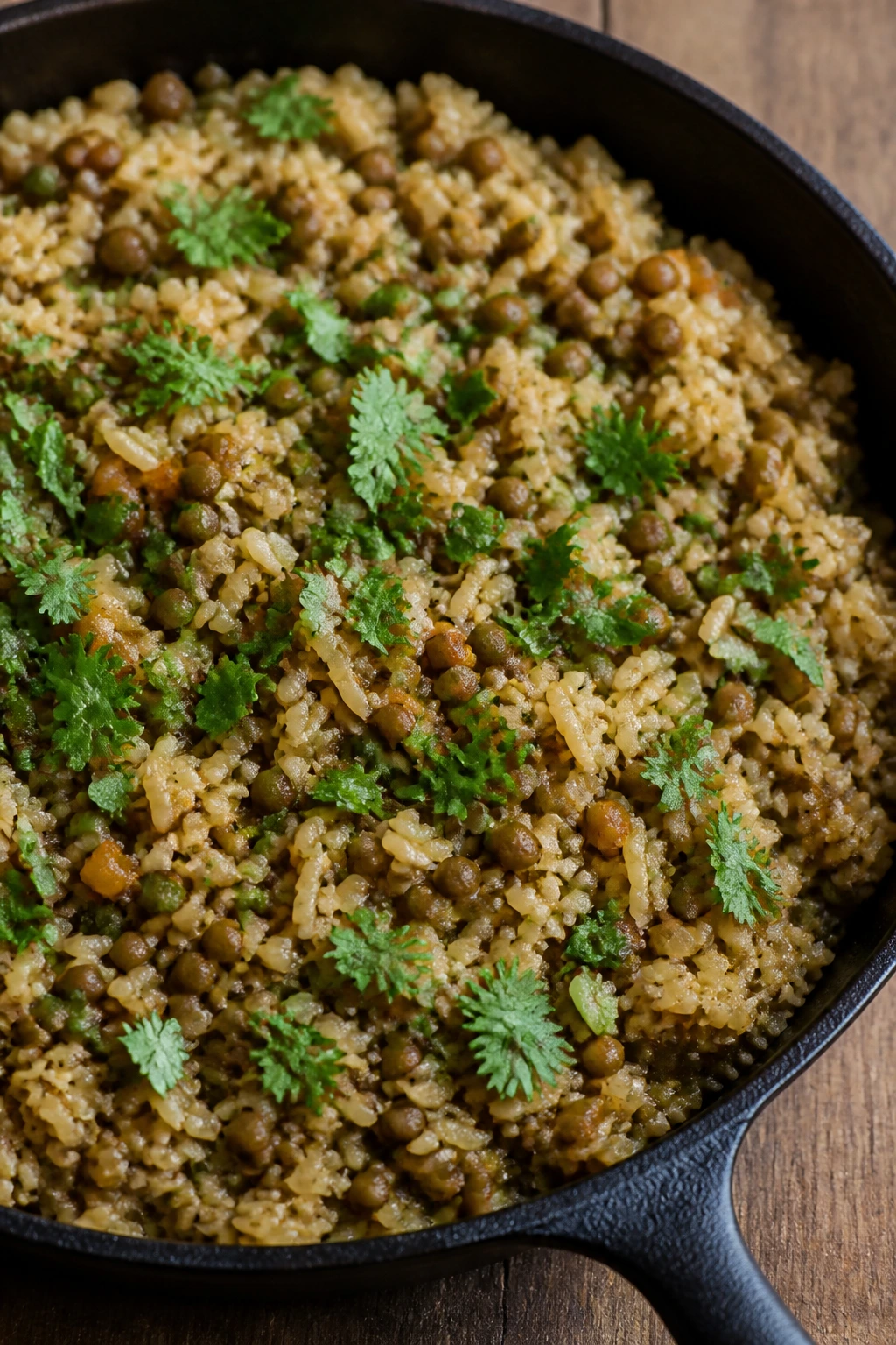 Close-up rice and lentil skillet with herbs on a wooden countertop