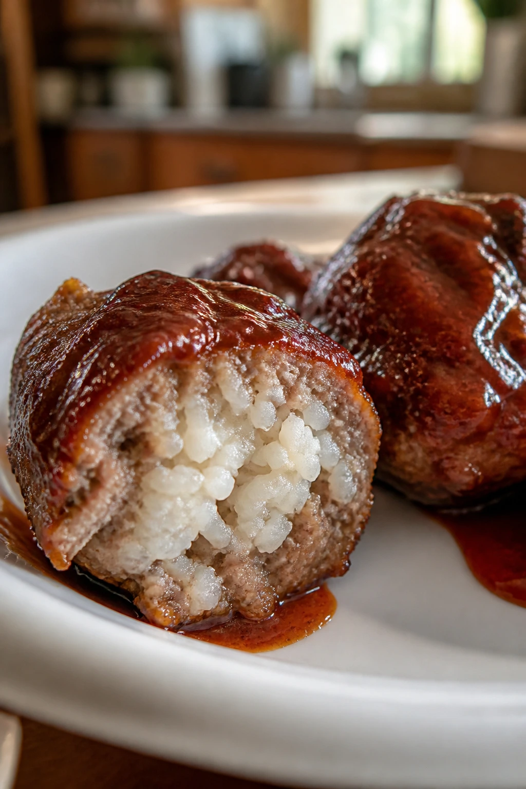 Cross-section of rice-loaded BBQ meatball showing rice inside on plate