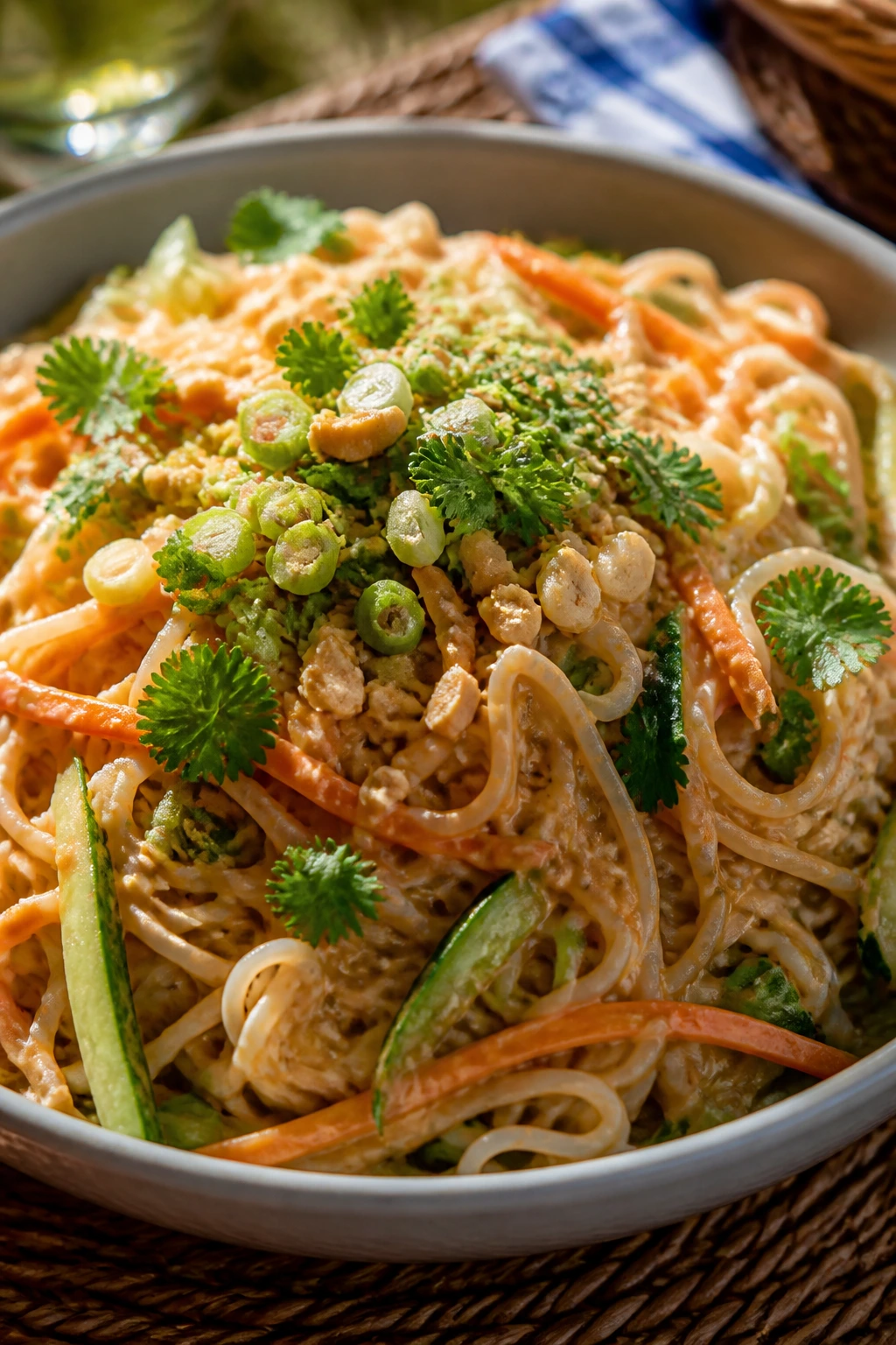 Close-up of cold sesame peanut rice noodle salad in a bowl with veggies and peanuts