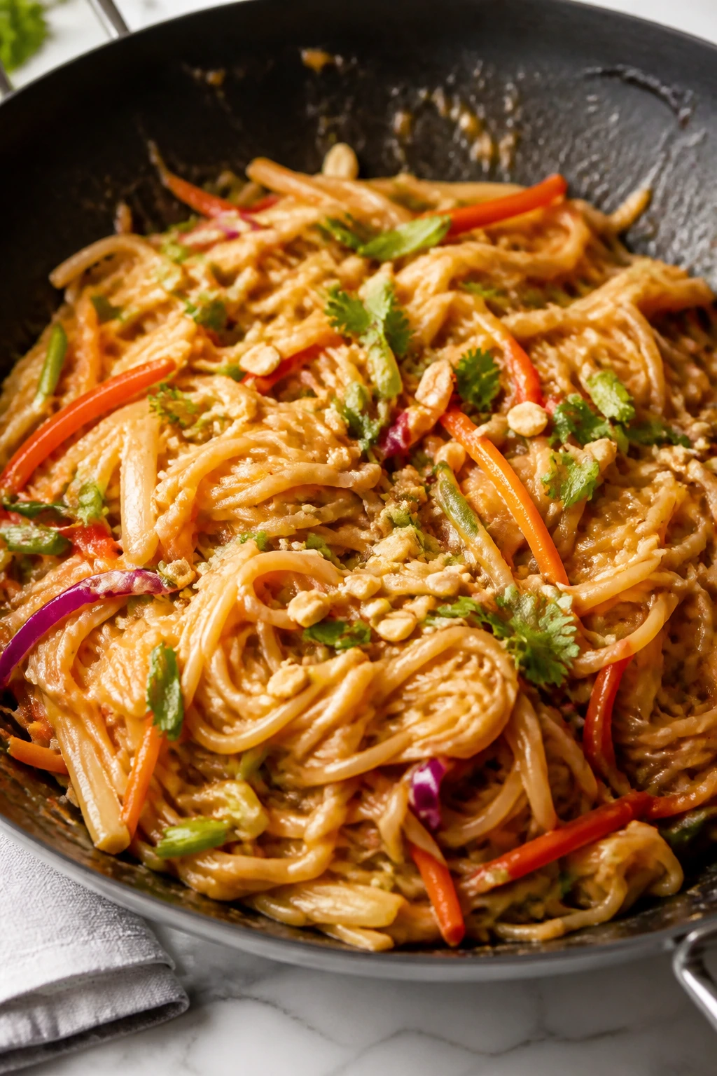 Rice noodle stir-fry with peanut-lime sauce in a bowl