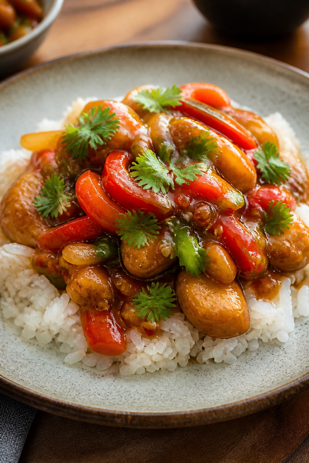 Plate of jasmine rice with glossy sauce served in a warm kitchen