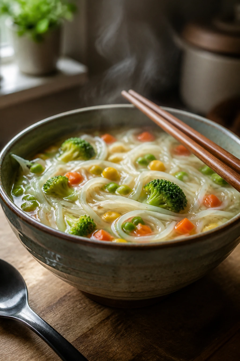 Close-up of steaming rice noodle soup with frozen vegetables in broth