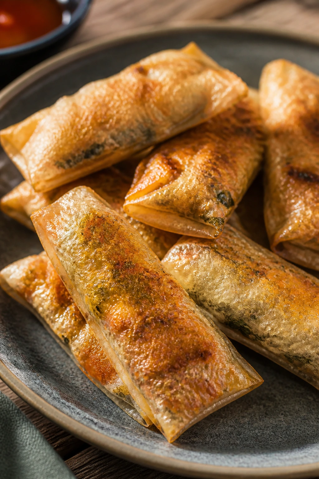Crispy rice paper dumplings on a plate in a cozy kitchen