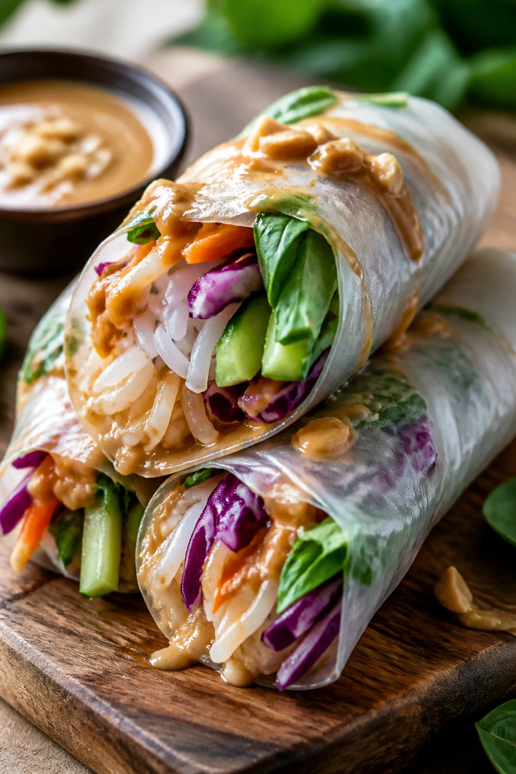Close-up of Thai Peanut Noodle Rice Paper Rolls with translucent wrappers and colorful fillings on a wooden board