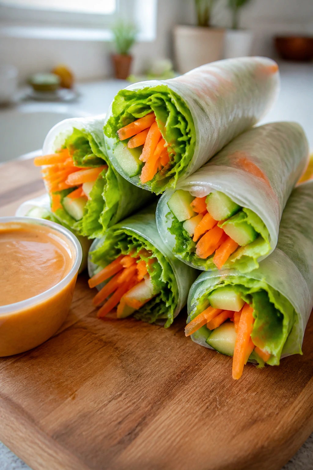 Close-up of rice paper veggie rolls with dipping sauce on a wooden board
