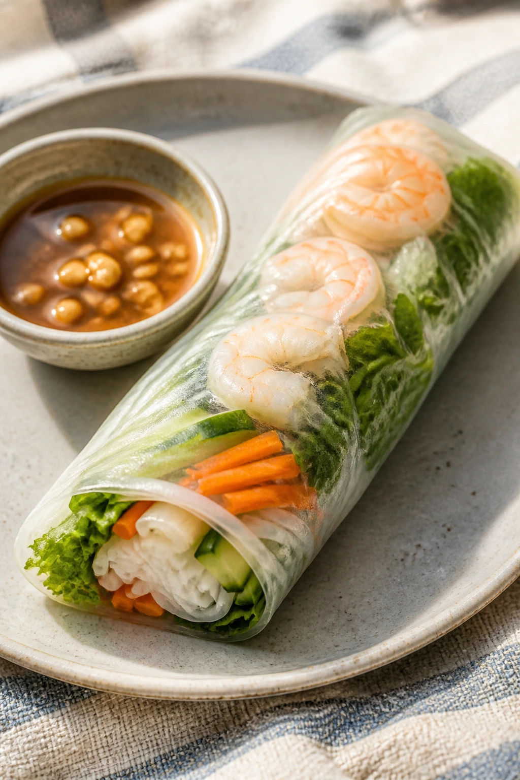 Close-up of a rice paper summer roll on a plate outdoors