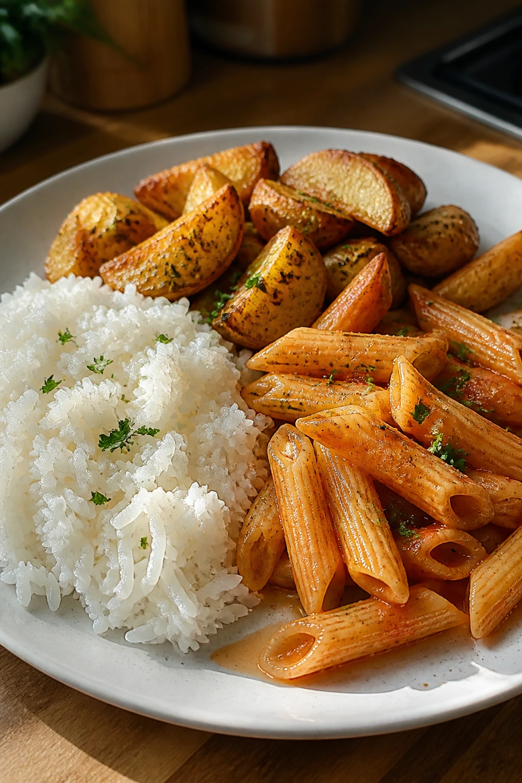 Plate with rice, potatoes, and pasta arranged to fill the plate