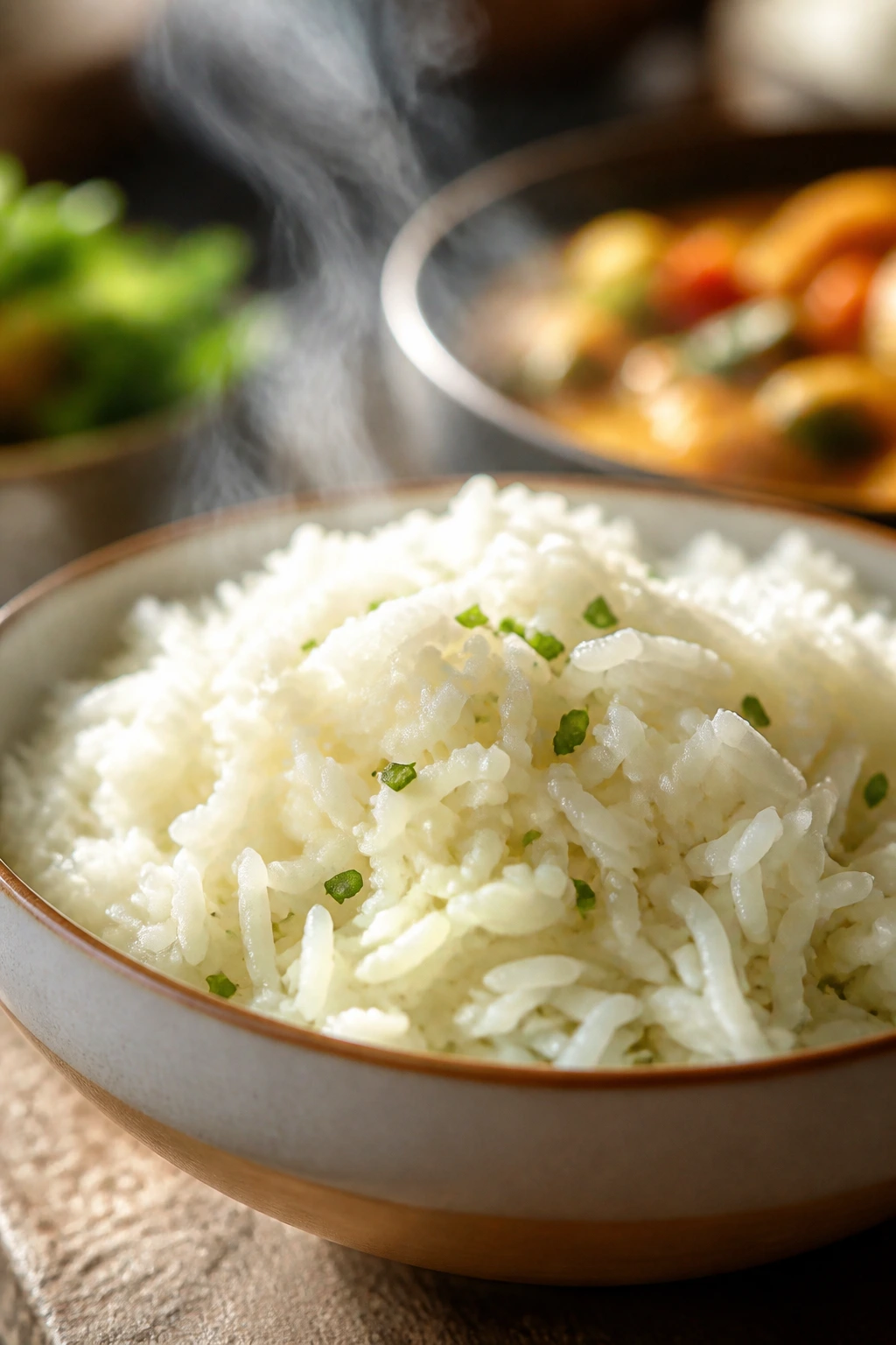 Steaming bowl of rice filling the frame in a warm kitchen