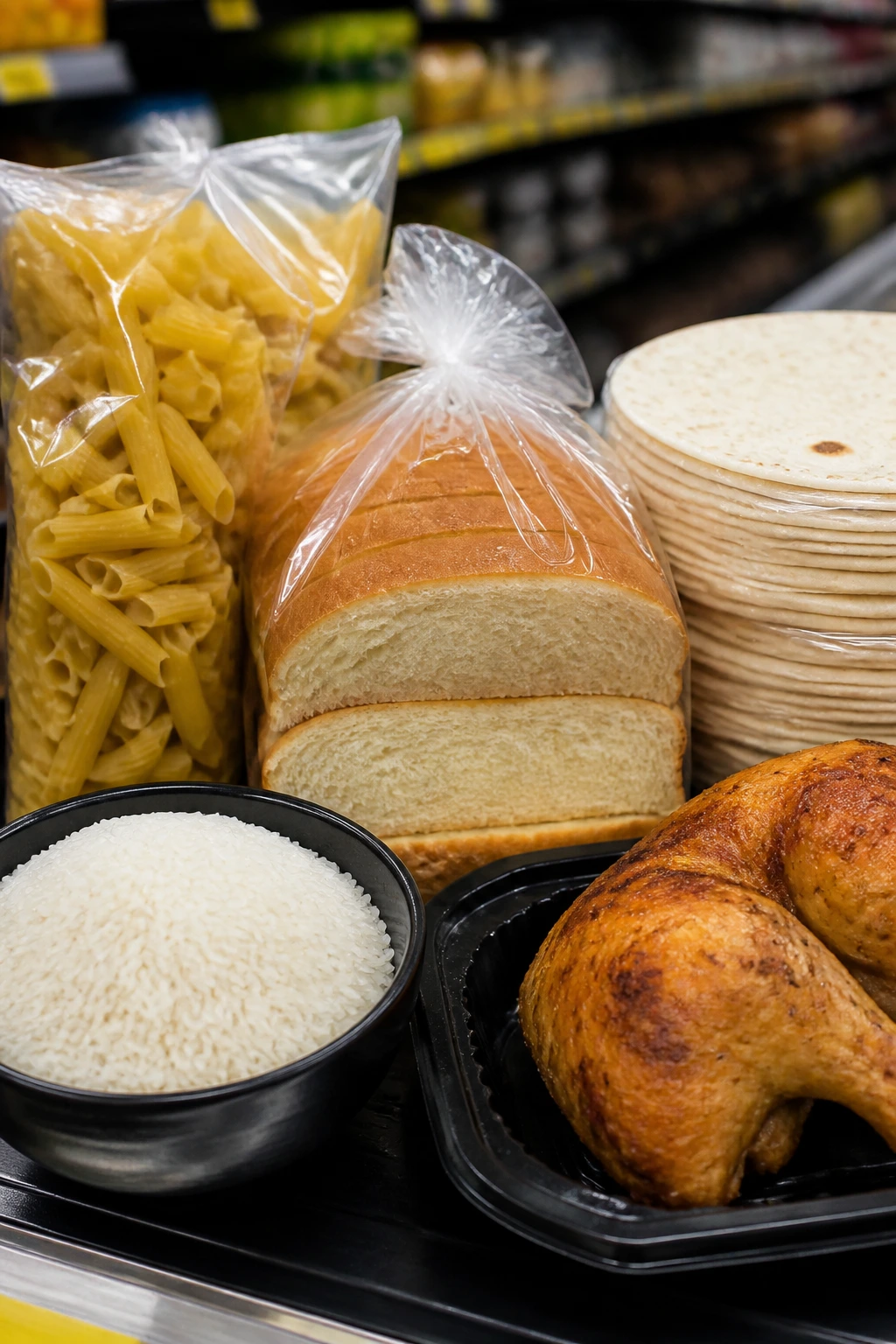 Close-up of pantry staples for post-workout meals: rice pasta tortillas bread and rotisserie chicken