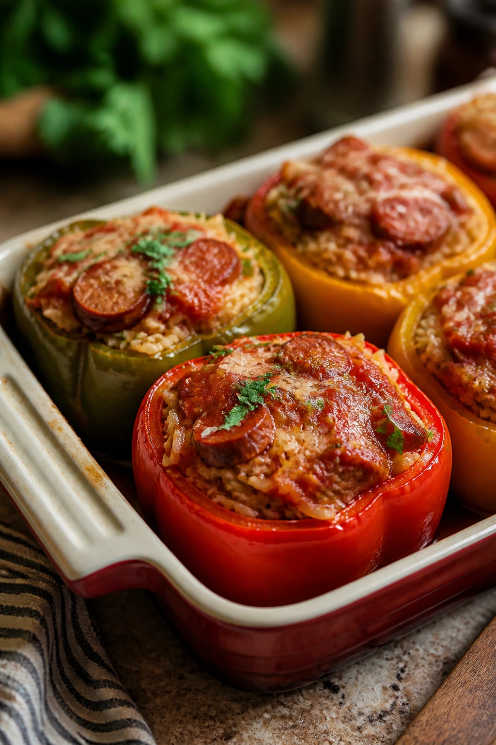 Close-up of rice stuffed peppers with smoked sausage in a baking dish