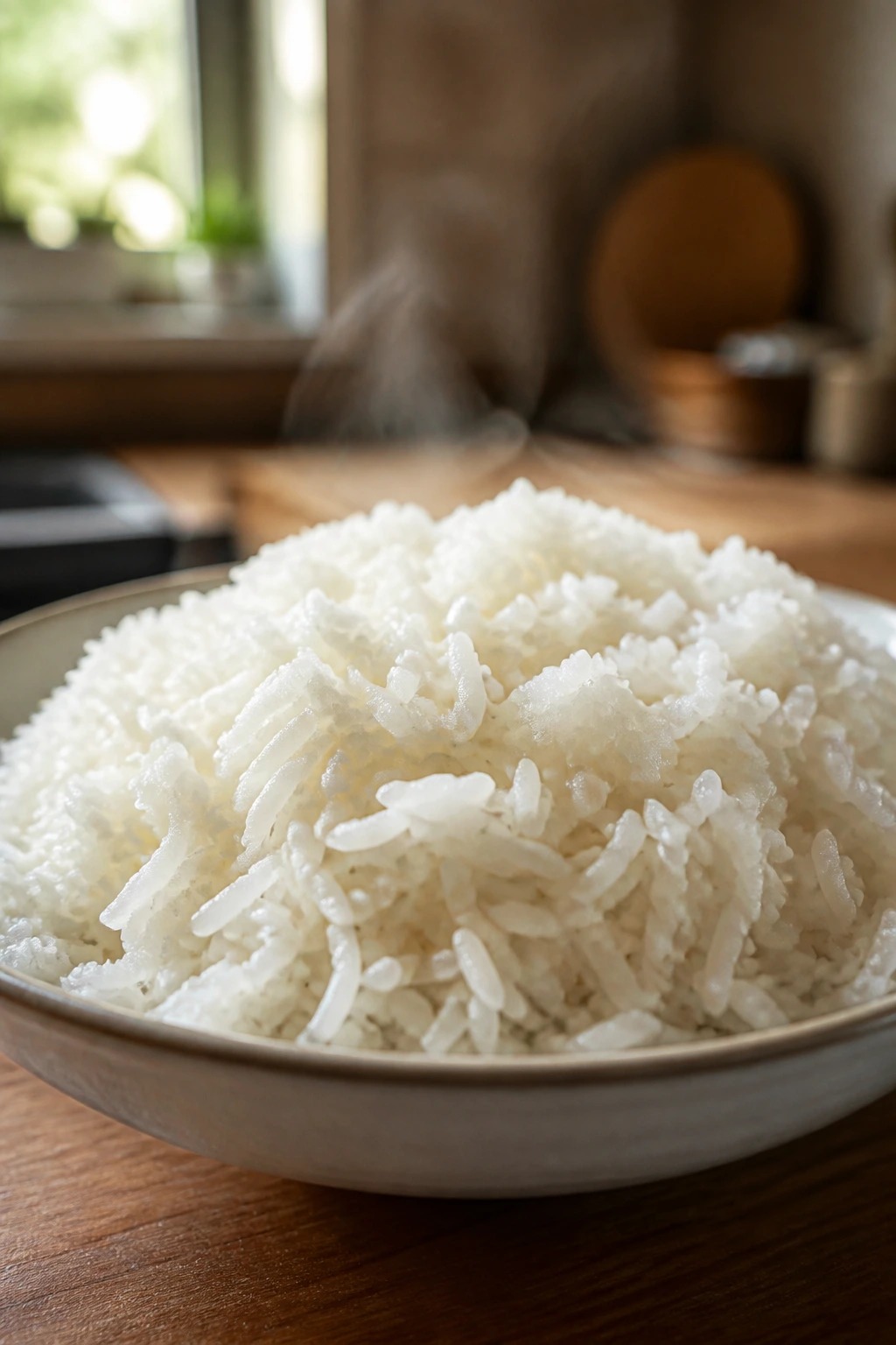 Close-up of a mound of fluffy white rice on a plate