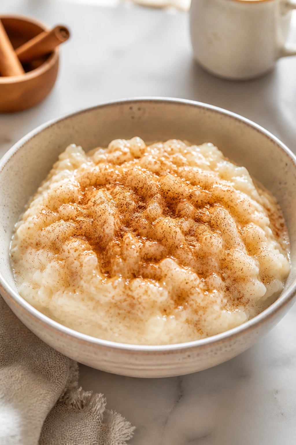 Creamy rice pudding in a bowl with cinnamon