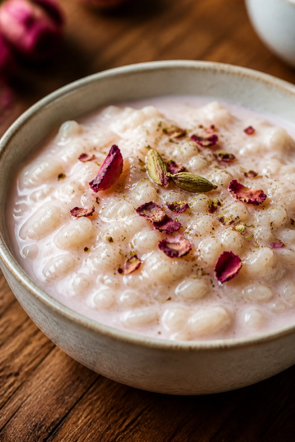 Creamy rice pudding in a bowl with cardamom and rose notes