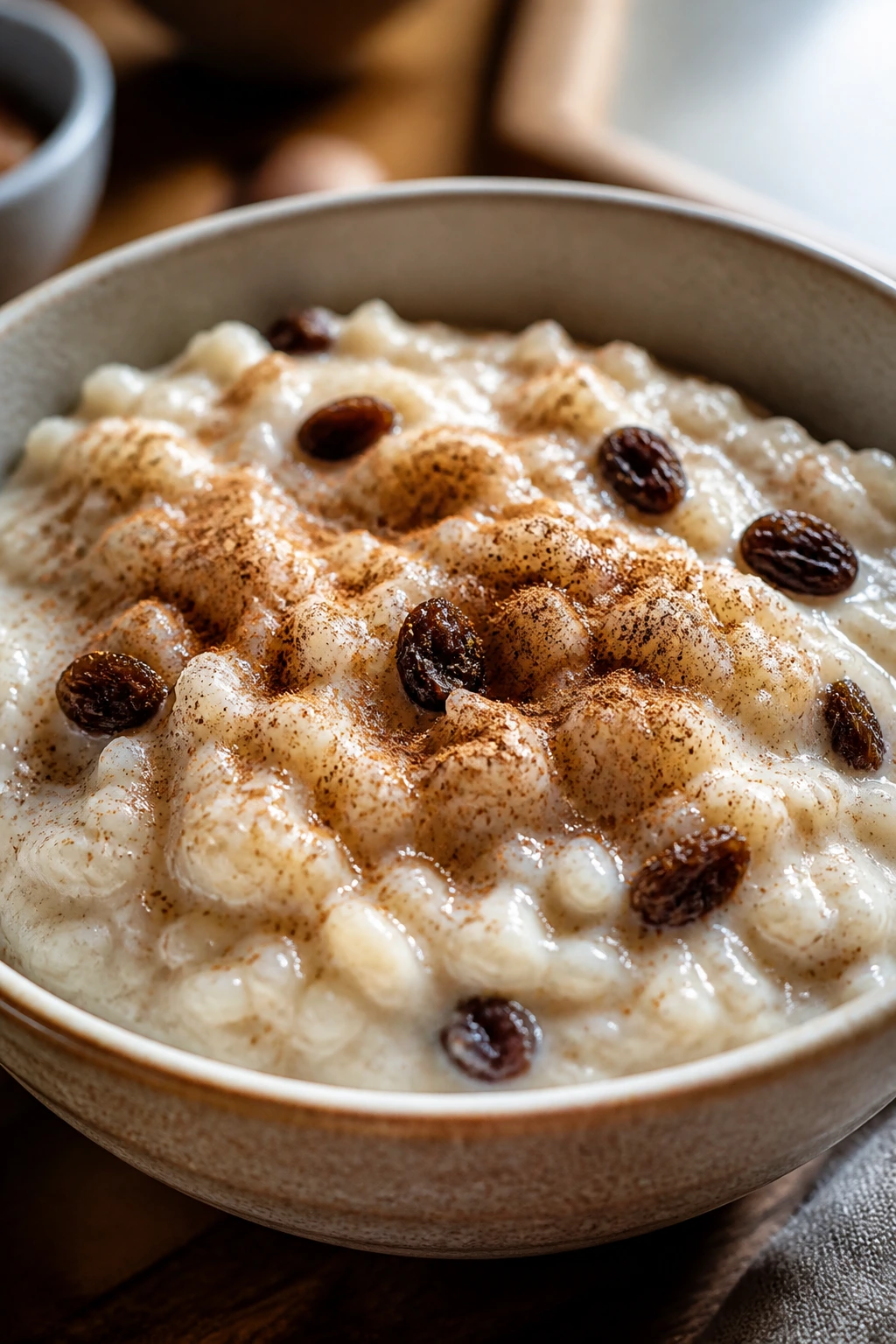 Creamy cinnamon raisin rice pudding in a ceramic bowl