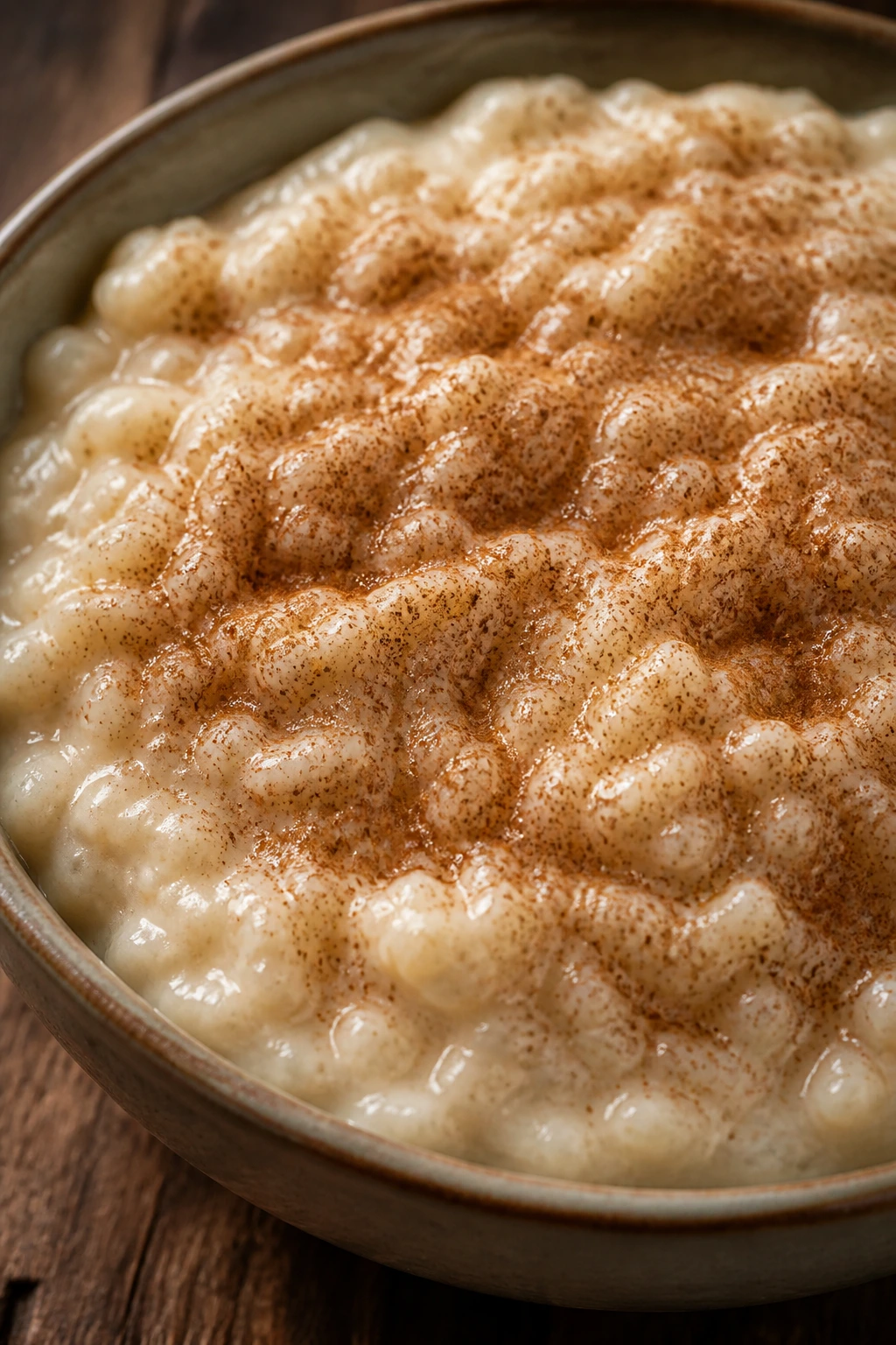 Bowl of cinnamon rice pudding with cinnamon dusting