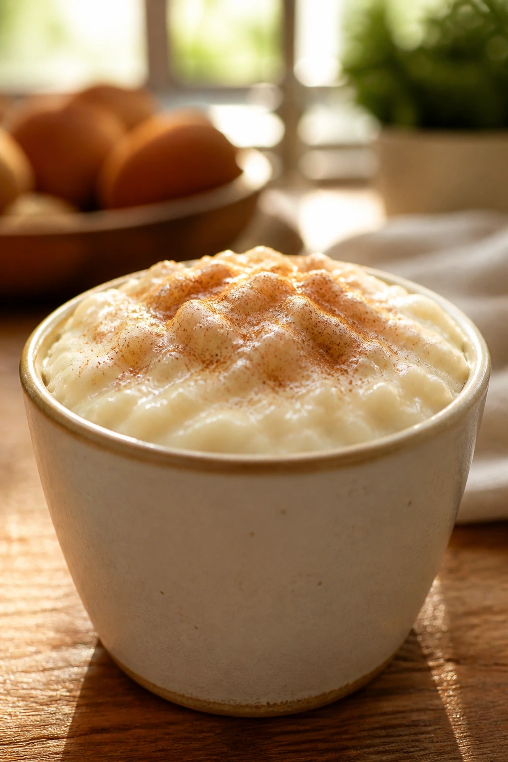 Cup of creamy rice pudding with cinnamon on top