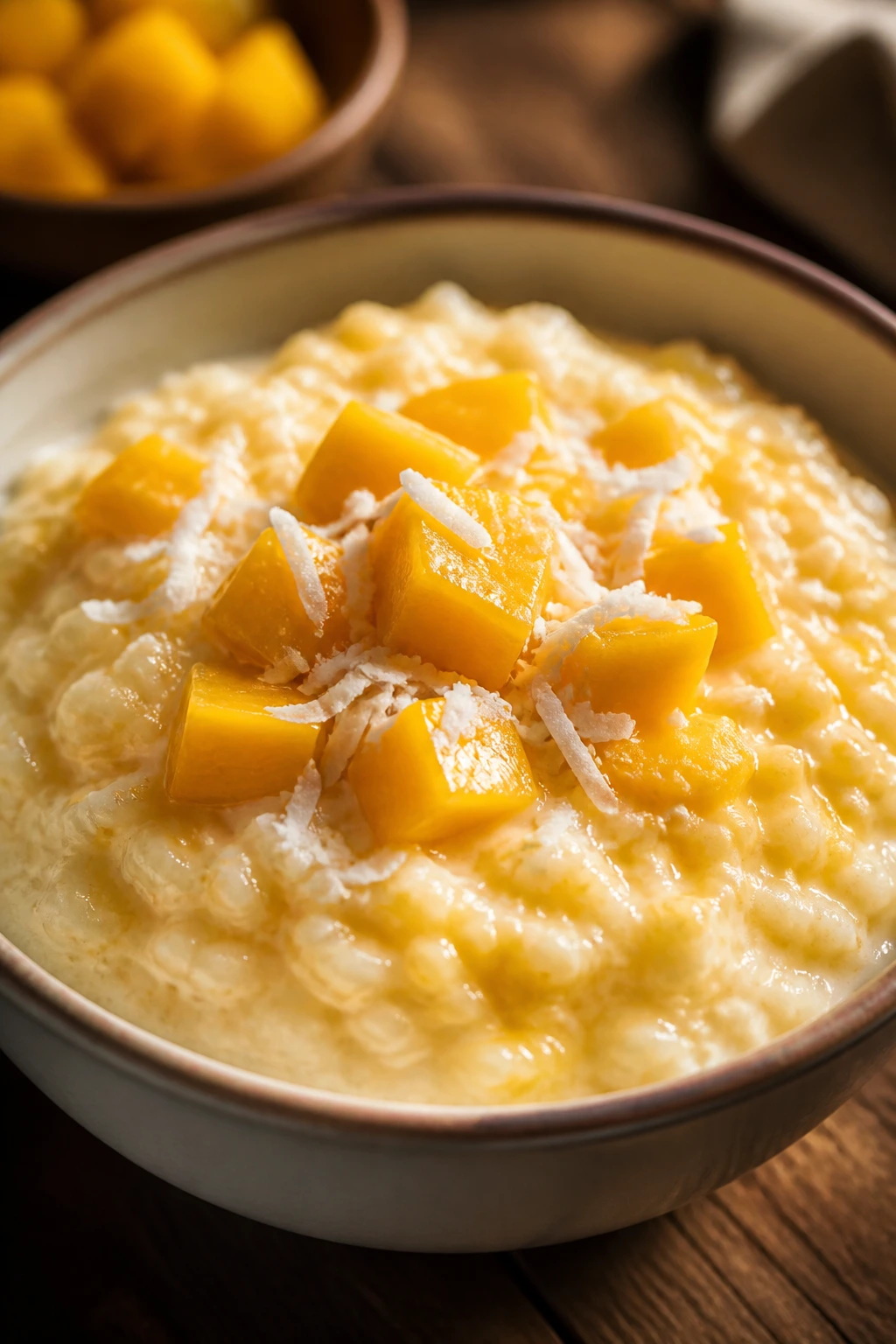 Creamy mango coconut rice pudding in a bowl with mango pieces