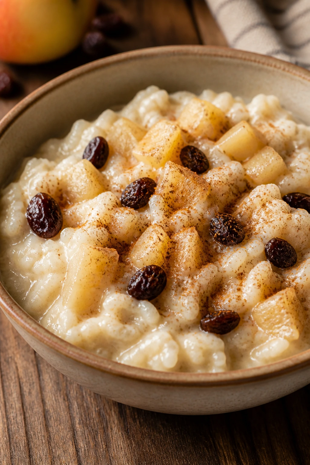 Creamy rice pudding with apples and raisins in a ceramic bowl.