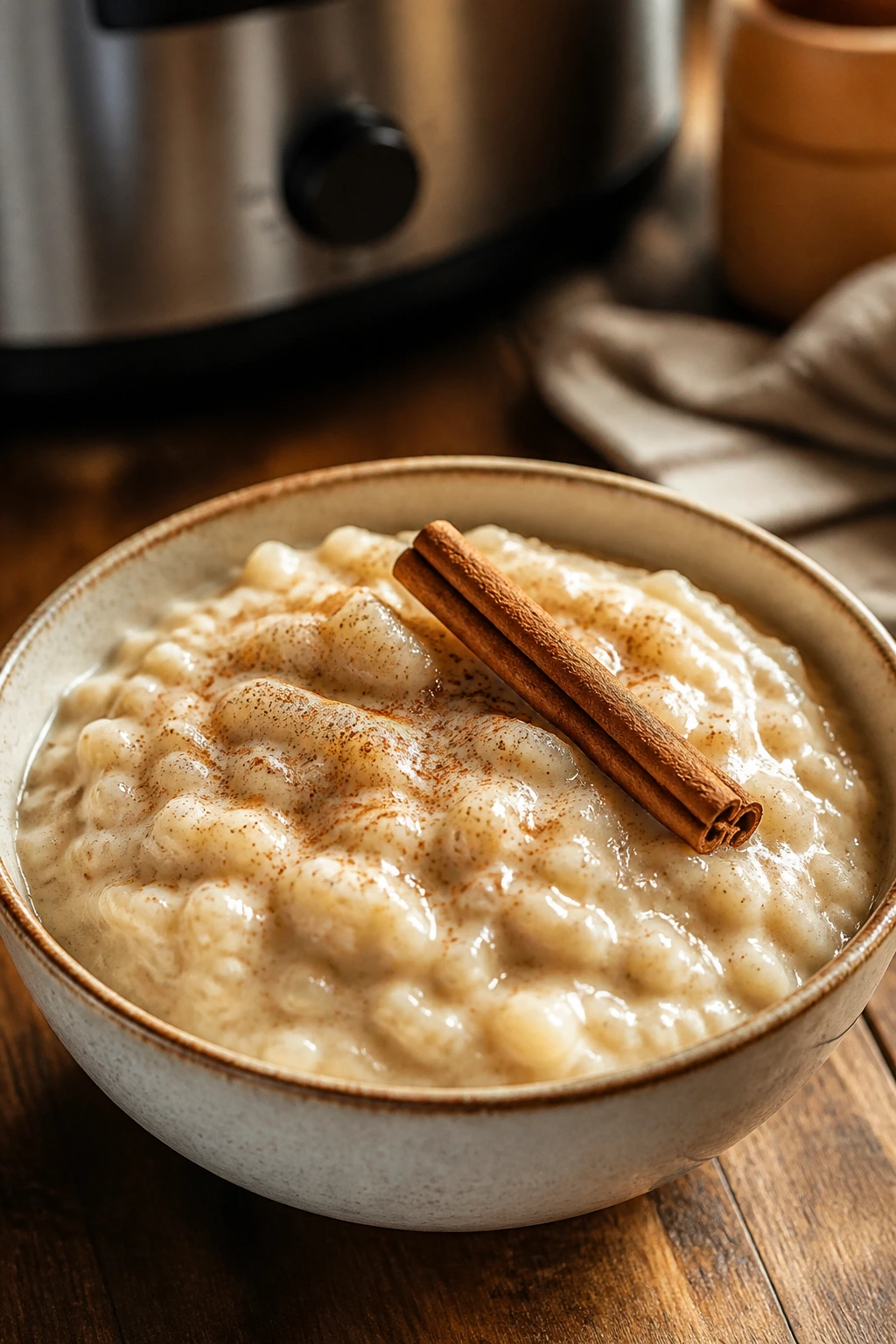 Creamy rice pudding in a bowl with cinnamon stick on wooden counter