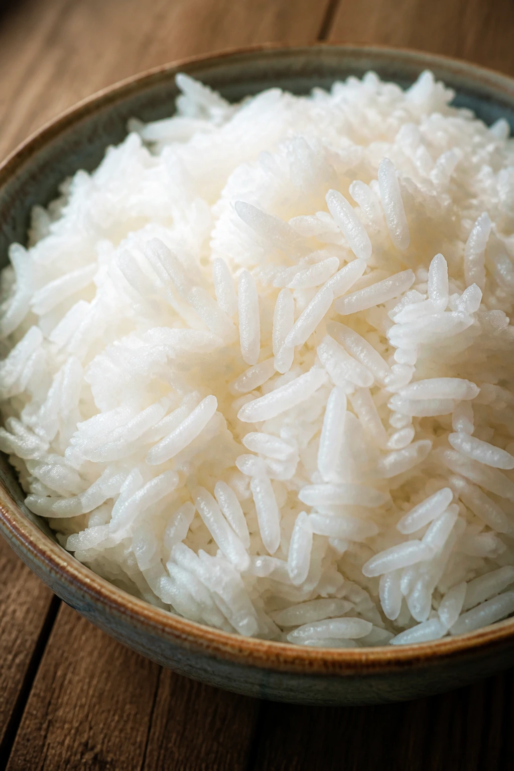 Close-up of fluffy jasmine rice in a bowl showing separate grains