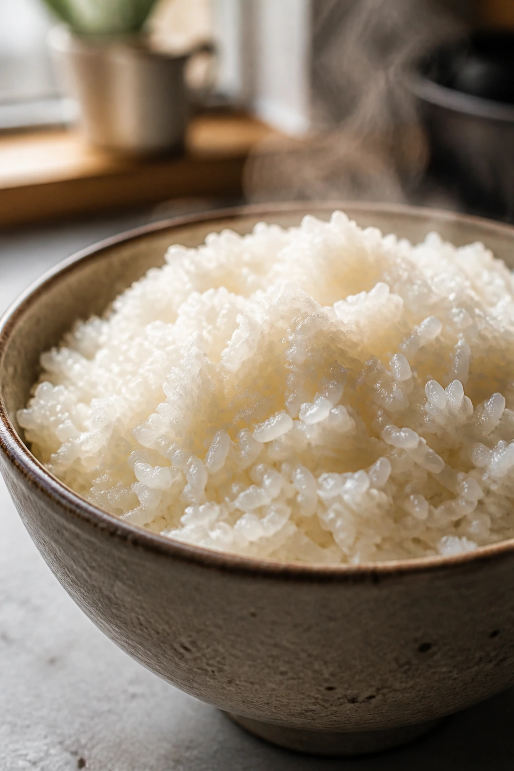 Steaming bowl of white rice as a lunch base