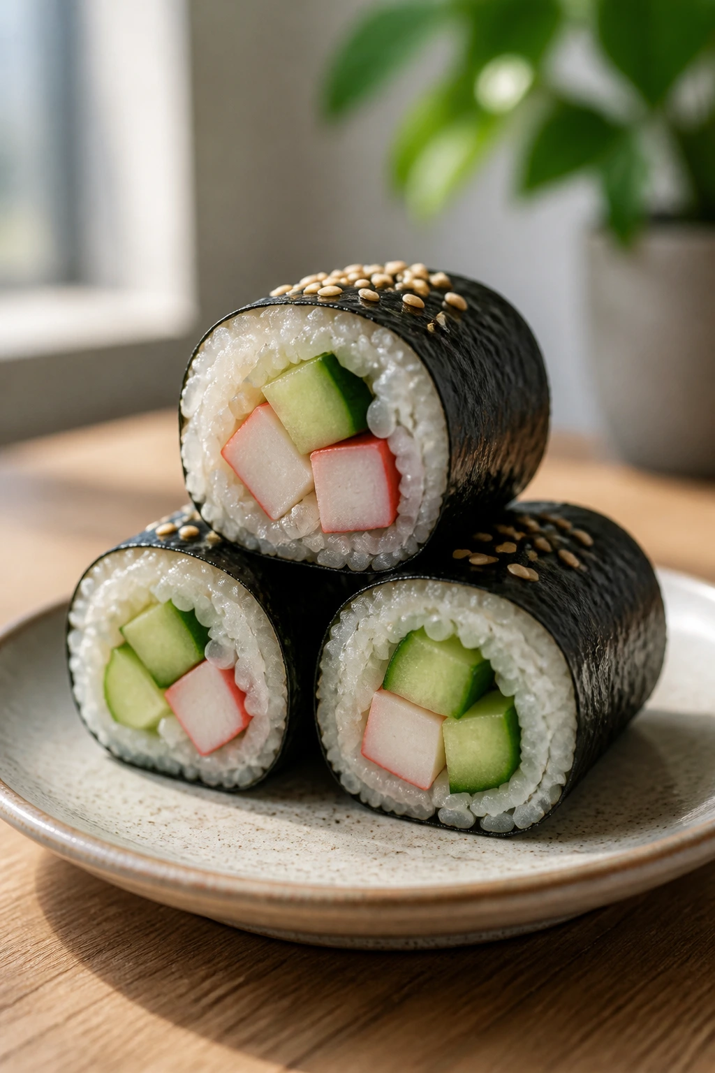 Close-up of sushi-inspired rice rolls with cucumber and imitation crab filling.