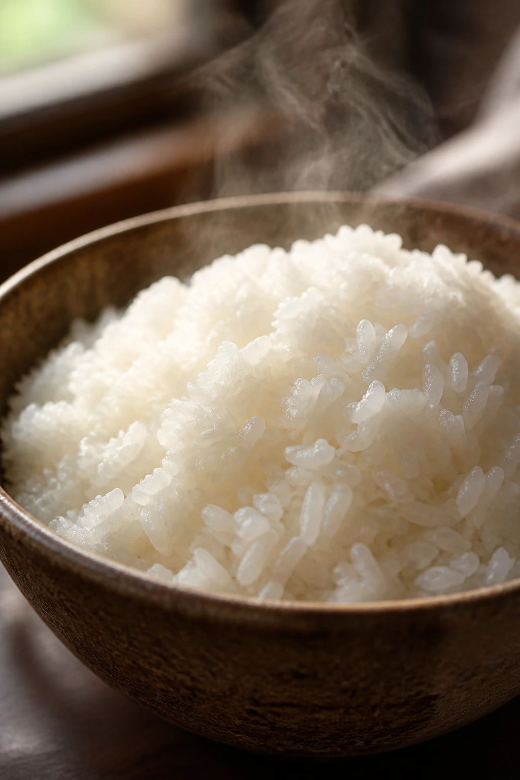 Fluffy short-grain rice in a rustic bowl with steam