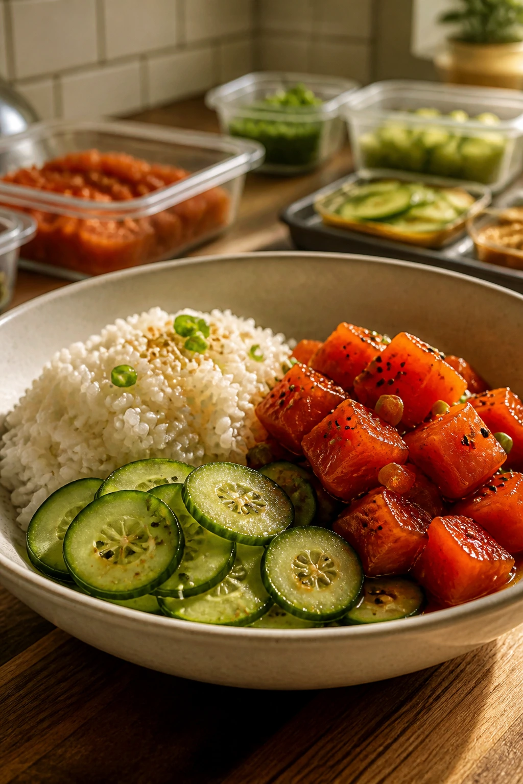 Poke bowl showing assembled components suggesting make-ahead prep and fish rules