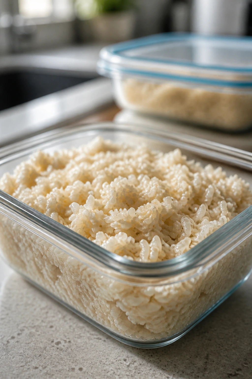Rice in a storage container ready to refrigerate or reheat