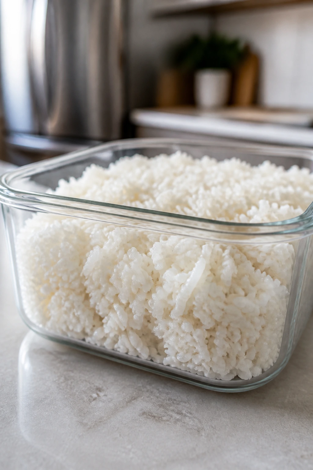 Glass storage container with cooked rice on kitchen counter