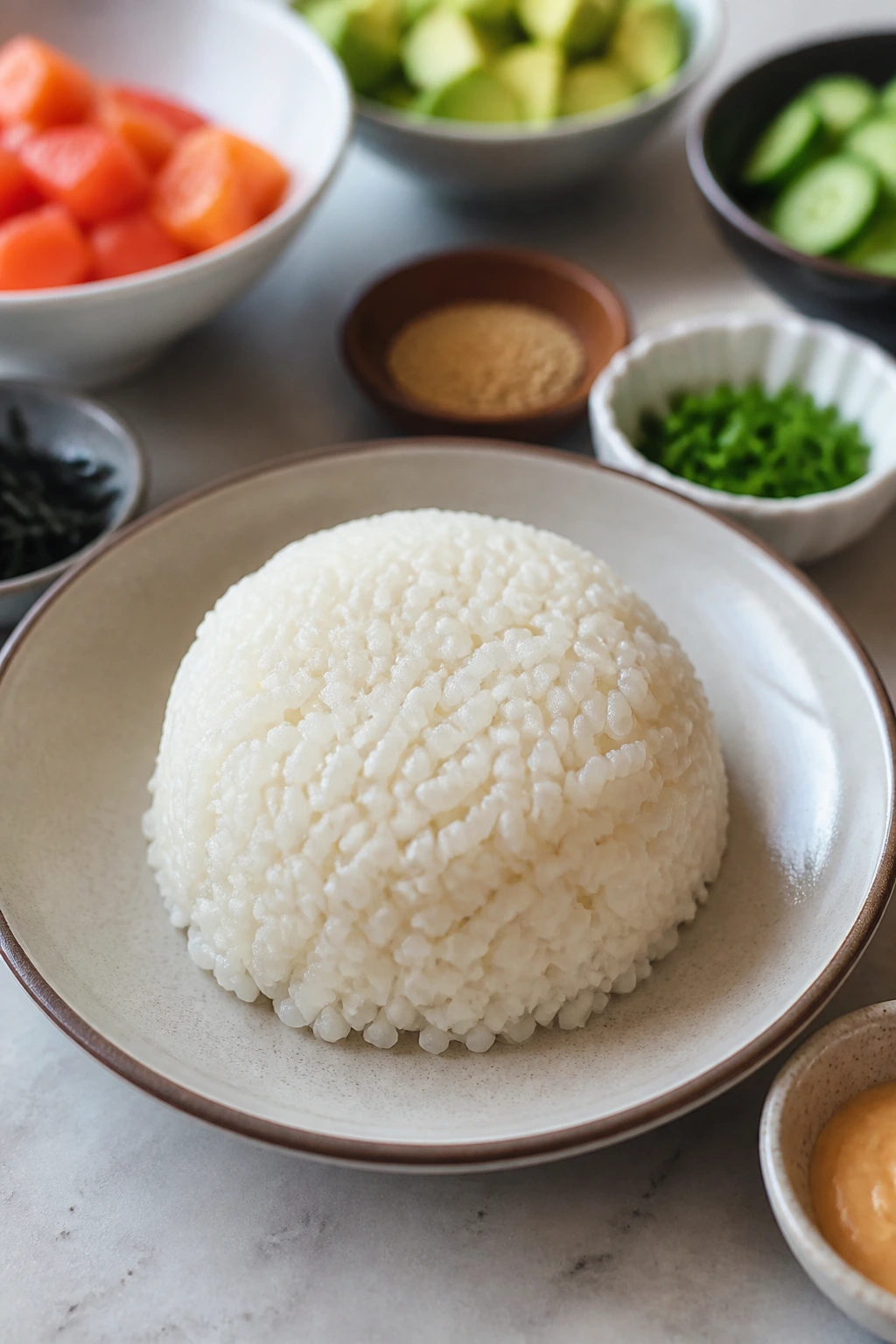 Mounded sushi rice on a plate suggesting the bowl's base