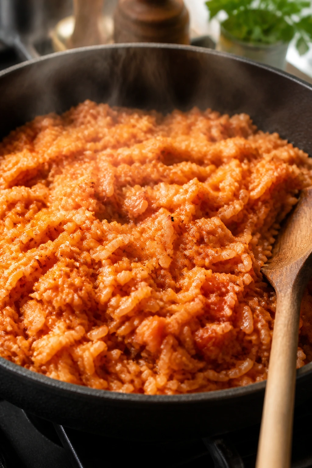 Close-up of tomato rice in a skillet with visible onion and garlic