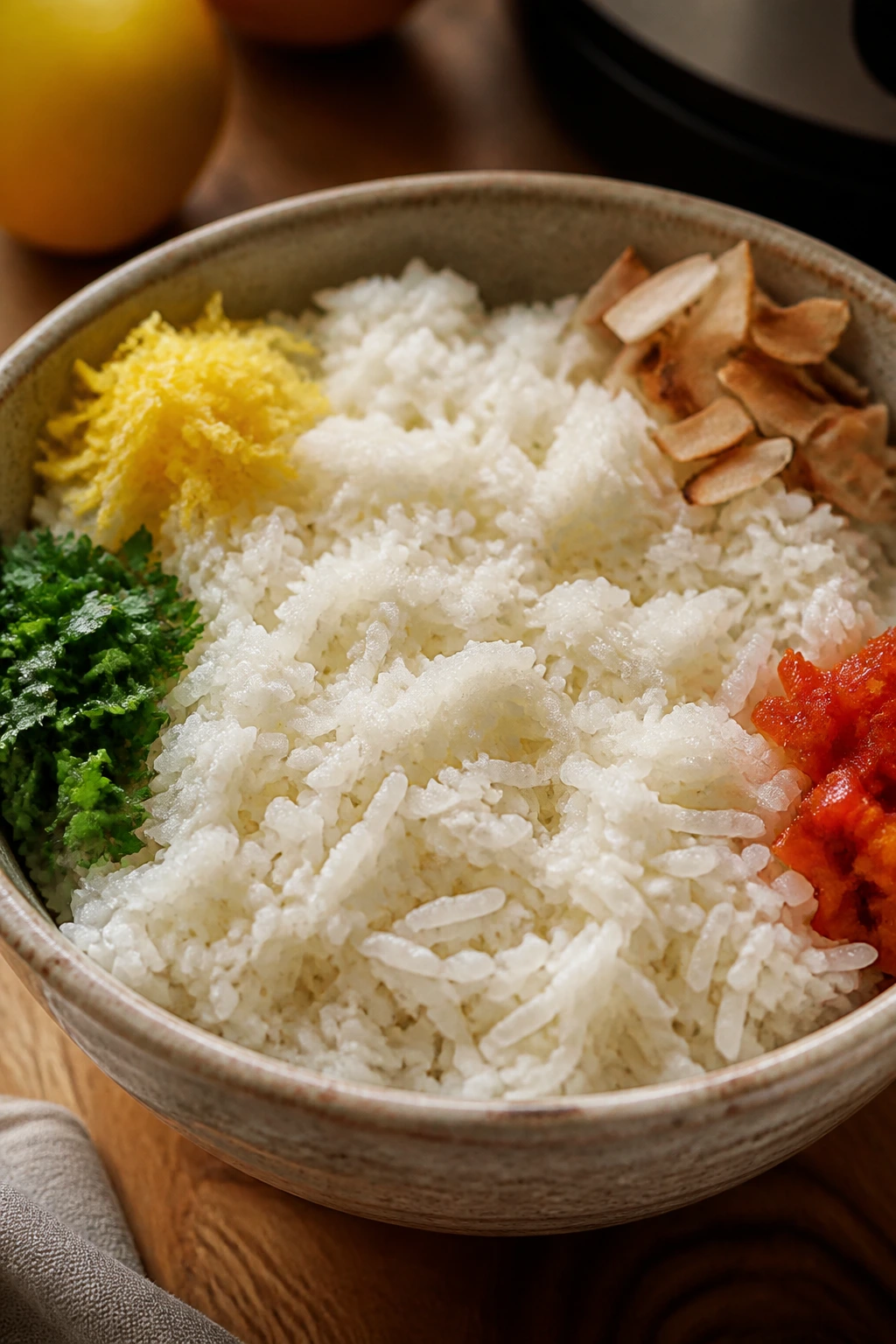 Rice bowl with garnish-touched variations suggesting flavor profiles