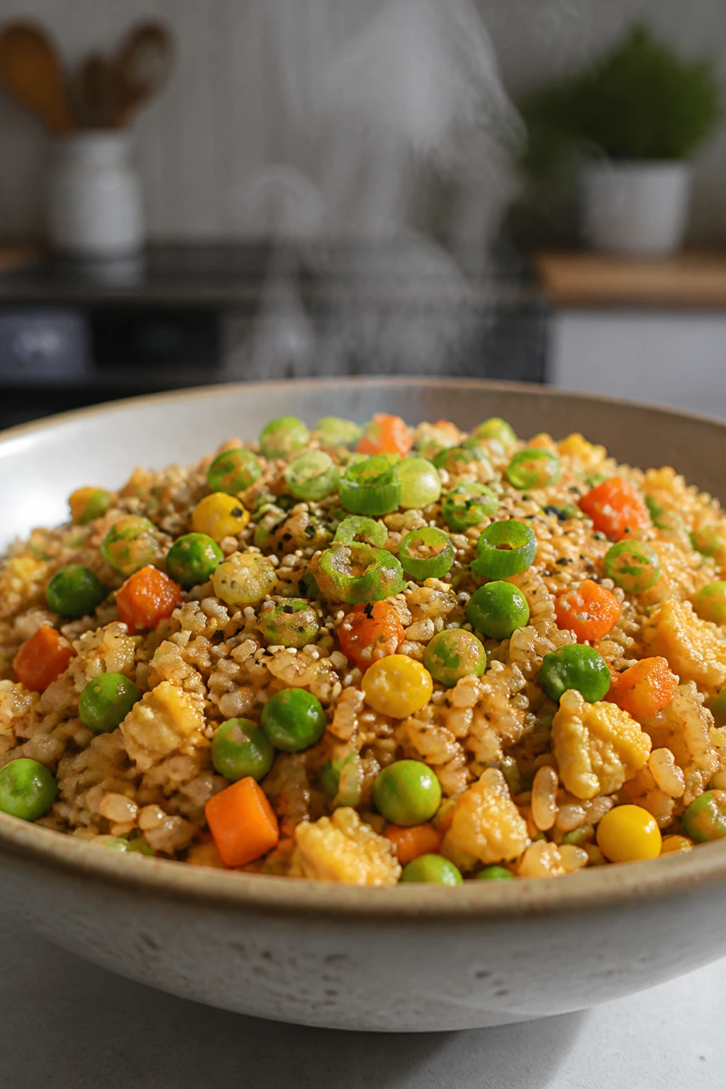 Close-up of veggie fried rice with peas and carrots in a bowl