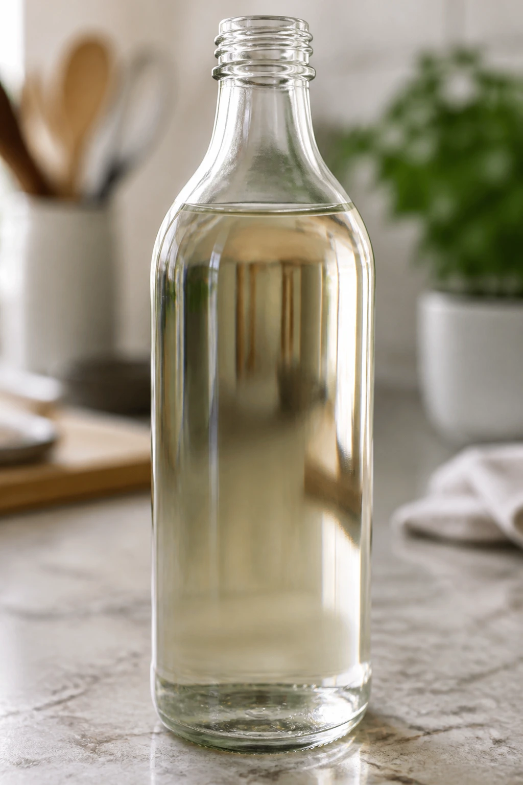 Plain glass bottle of rice vinegar on kitchen counter