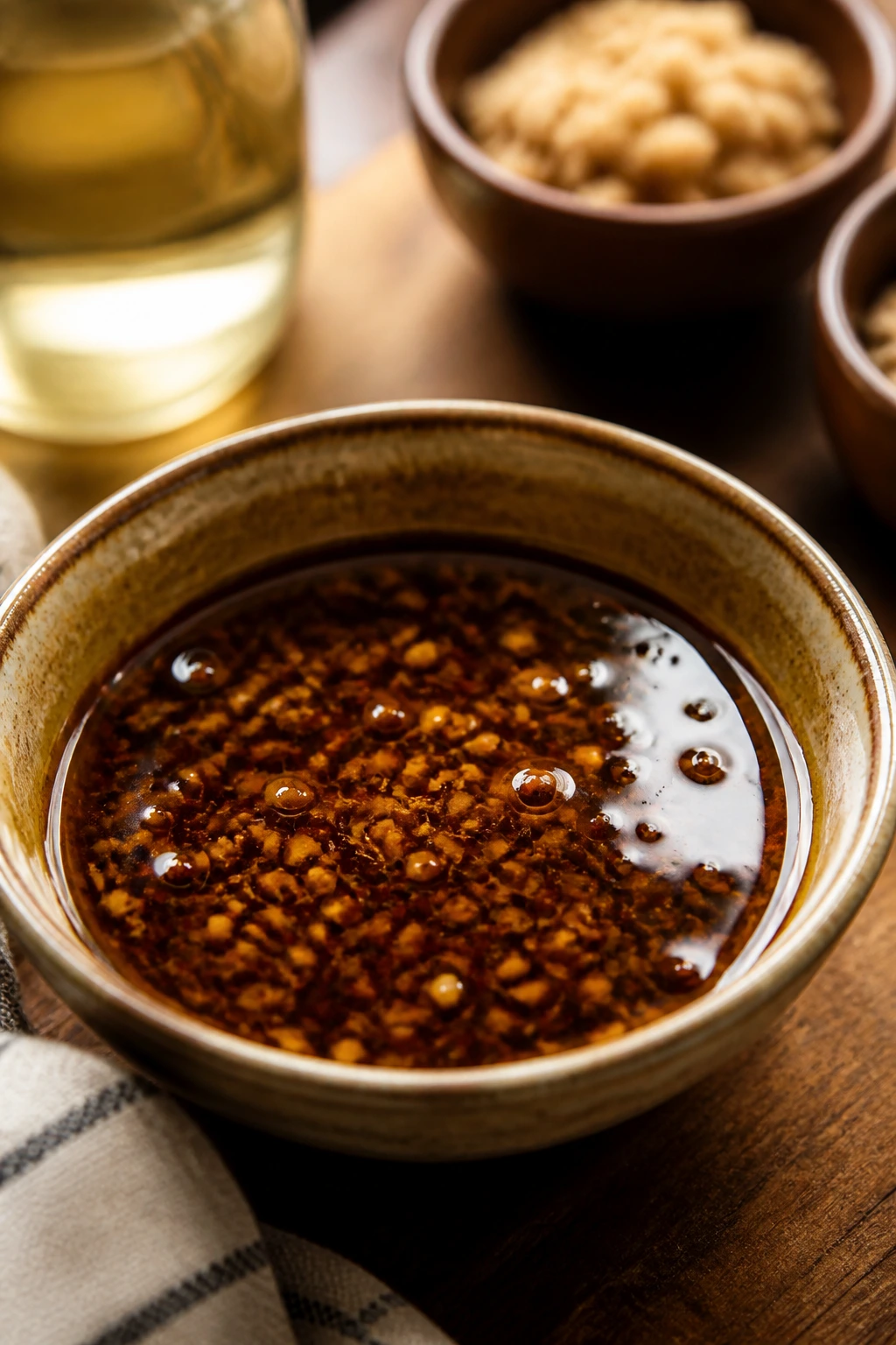 Glossy sauce with sesame oil note in a ceramic bowl
