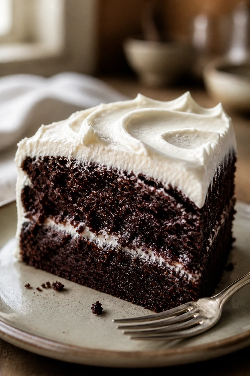 Close-up of a rich chocolate cake slice with thick cream cheese frosting