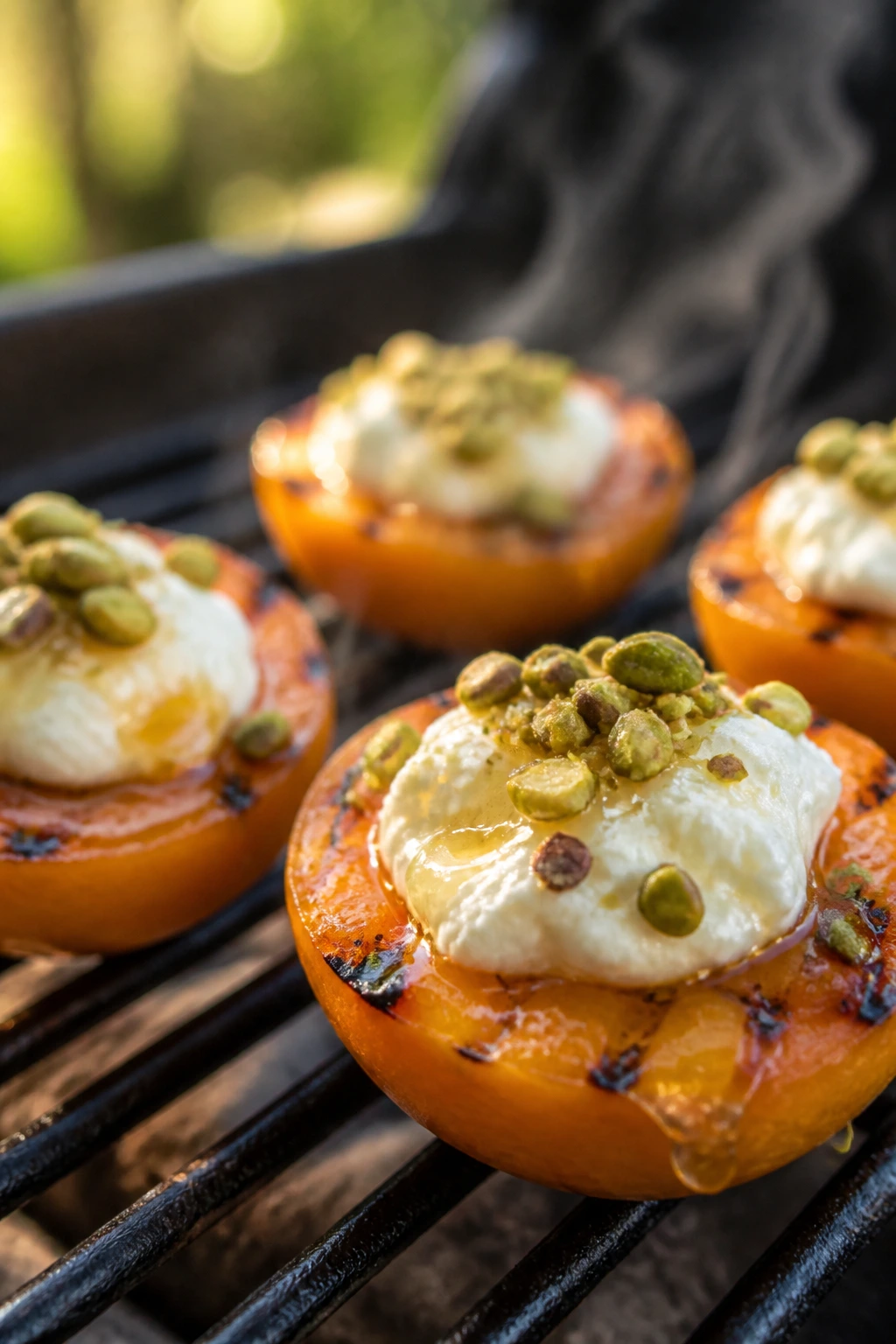 Close-up of ricotta-stuffed grilled apricots with pistachios and honey
