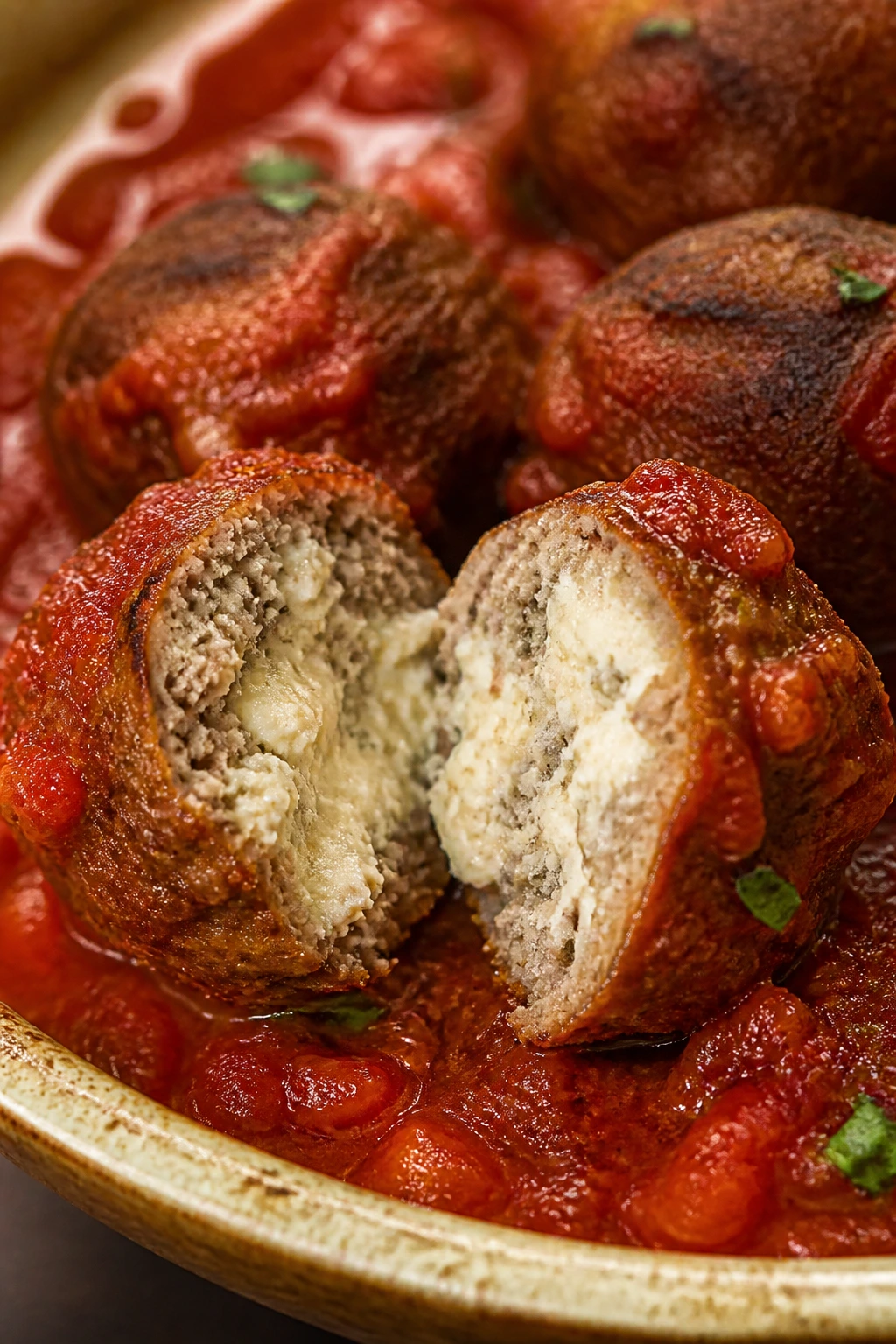 Close-up of ricotta-soft beef meatball cross-section in marinara
