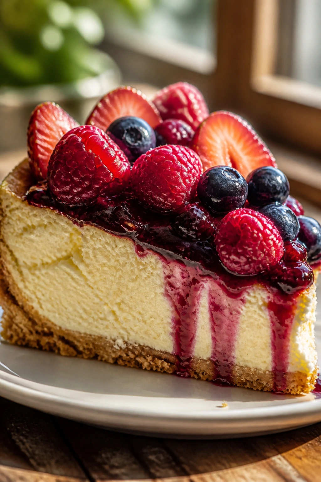 Close-up slice of ricotta cheesecake with berry topping on a white plate