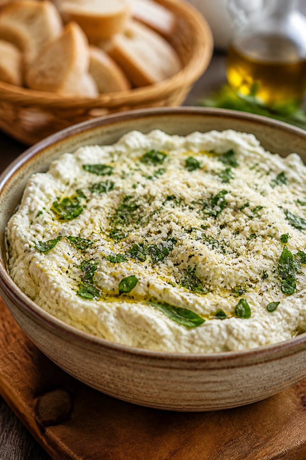 Close-up of creamy ricotta dip in a rustic bowl dominating the frame