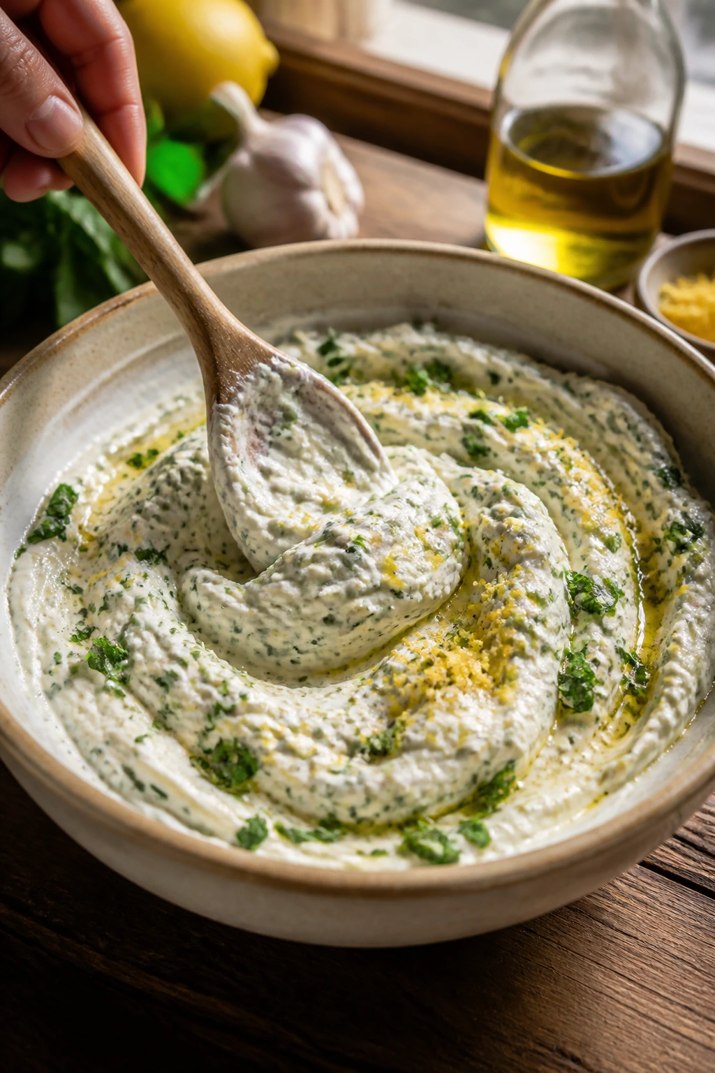 Close-up of creamy ricotta herb dip being stirred in a rustic kitchen