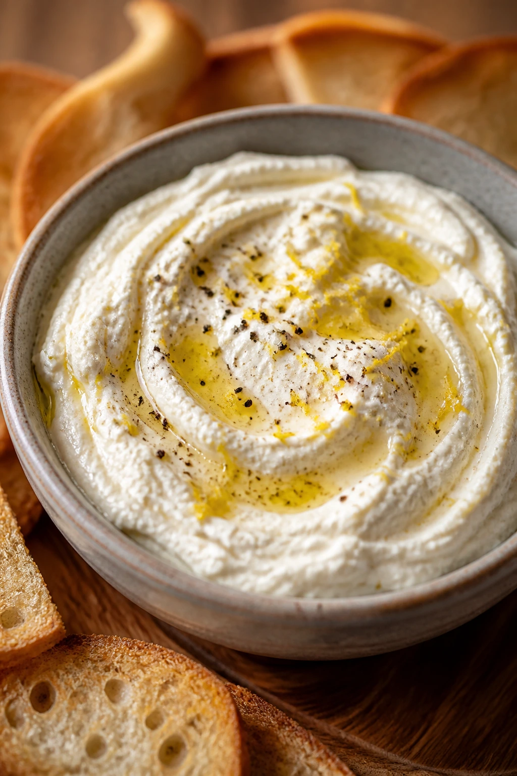 Close-up of whipped ricotta dip with lemon zest and olive oil