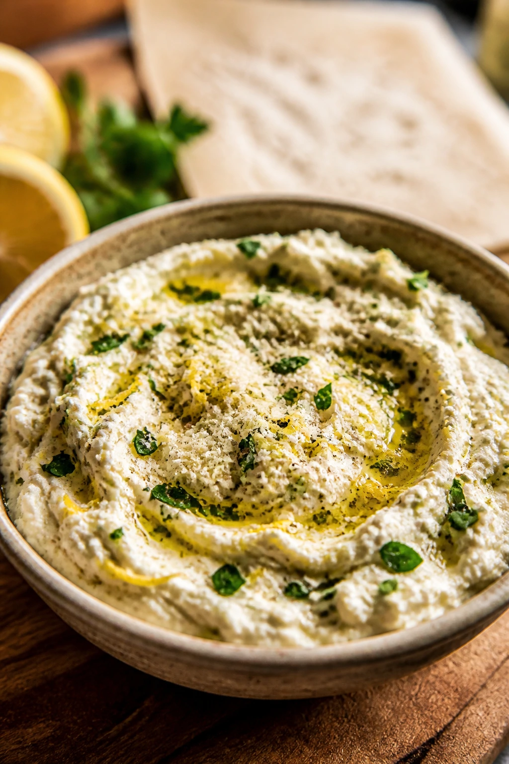 Close-up of nonna-style ricotta dip in a ceramic bowl with herbs on a wooden board