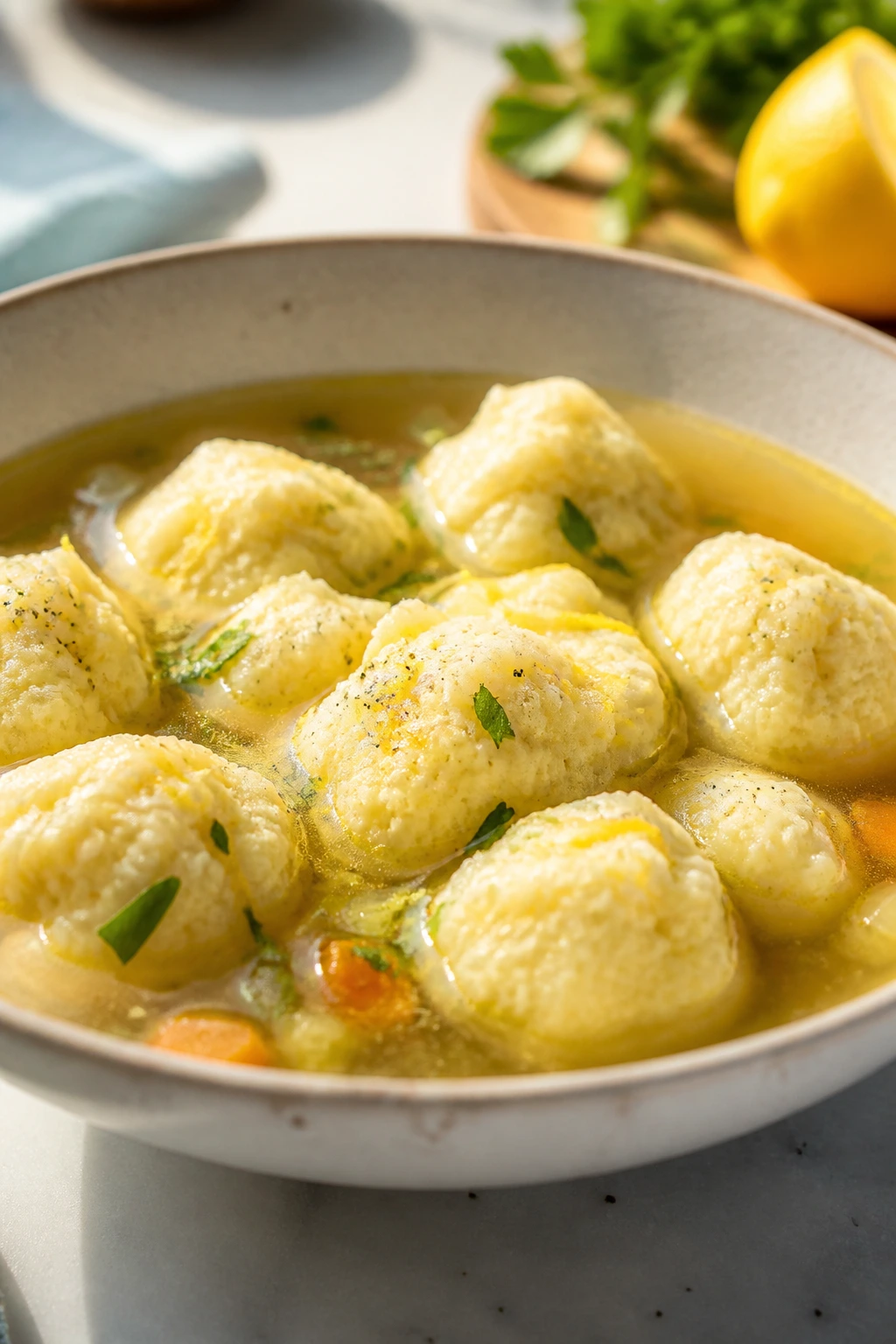 Ricotta lemon dumplings in vegetable broth