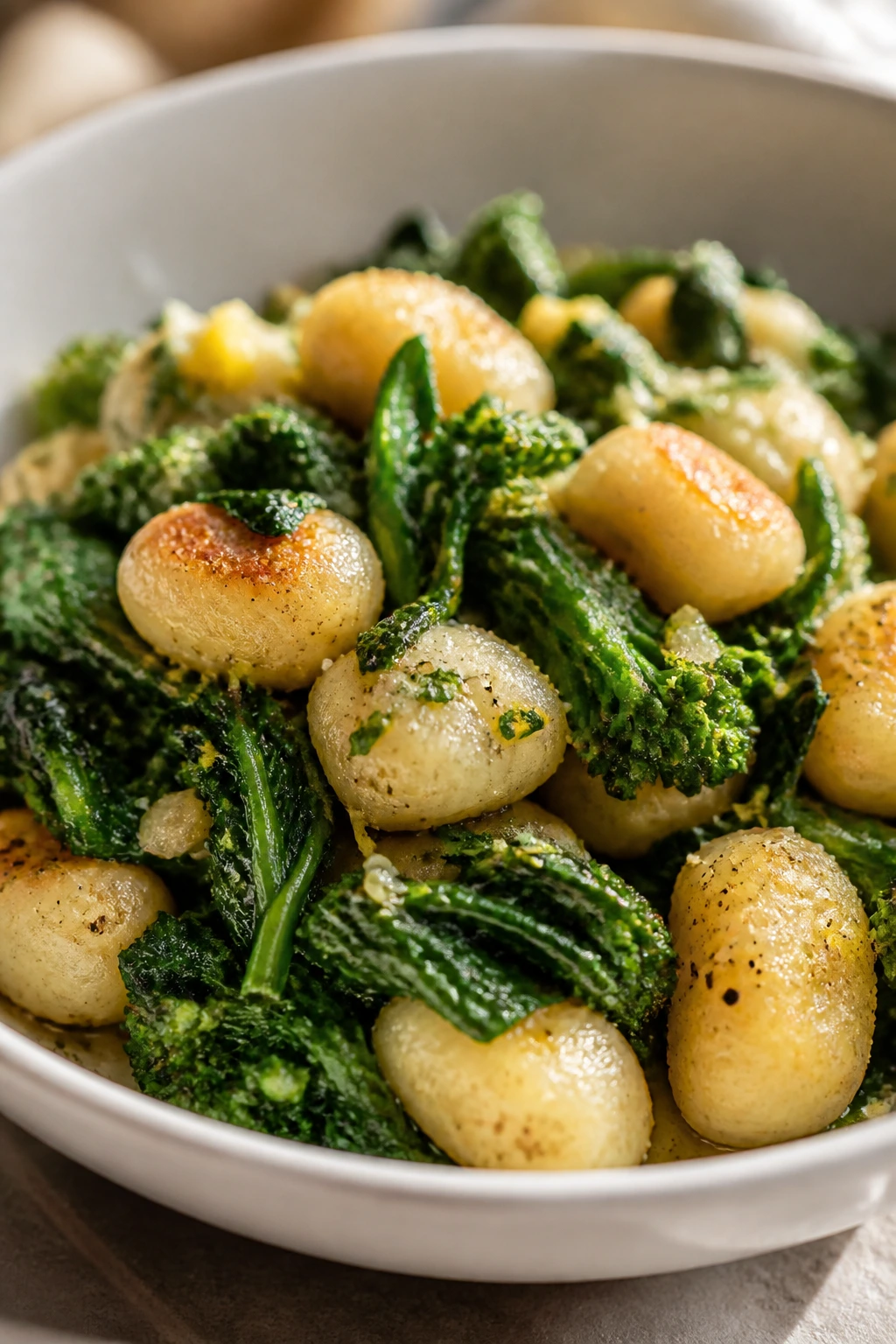 Close-up of ricotta gnocchi with broccoli rabe in a bright bowl